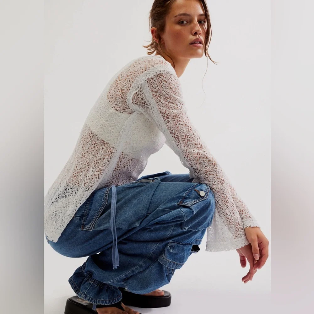 Free People On The Road Twisted Lace Tee in Ivory size XS NWT